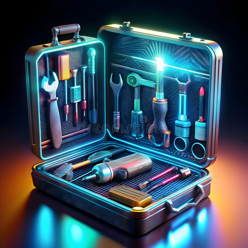 Una cassetta di attrezzi futuristica piena di brillanti strumenti high-tech che presentano design innovativo e tecnologia avanzata illustrazione vettoriale