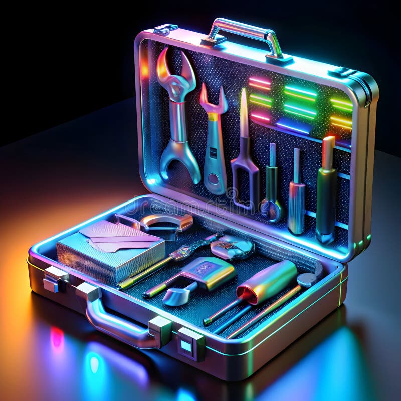 Una cassetta di attrezzi futuristica piena di brillanti strumenti high-tech che presentano design innovativo e tecnologia avanzata illustrazione di stock