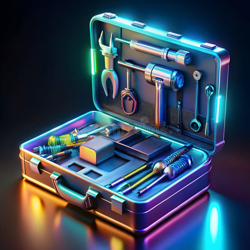 Una cassetta di attrezzi futuristica piena di brillanti strumenti high-tech che presentano design innovativo e tecnologia avanzata illustrazione vettoriale