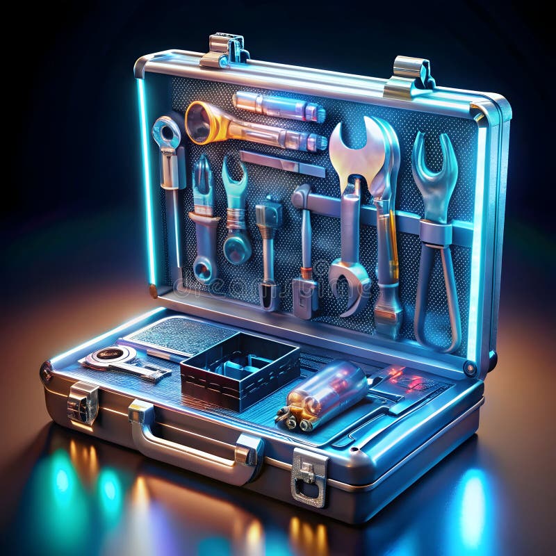 Una cassetta di attrezzi futuristica piena di brillanti strumenti high-tech che presentano design innovativo e tecnologia avanzata royalty illustrazione gratis