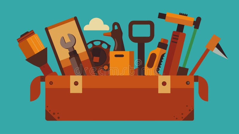Una cassetta di attrezzi riempita di vecchi utensili arrugginiti riutilizzati in utensili di disegno non convenzionali. illustrazi illustrazione di stock
