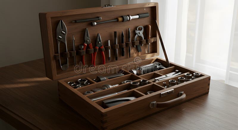 Una cassetta di legno ben organizzata riempita di una serie di utensili manuali disposti meticolosamente e pronti per qualsiasi op illustrazione di stock