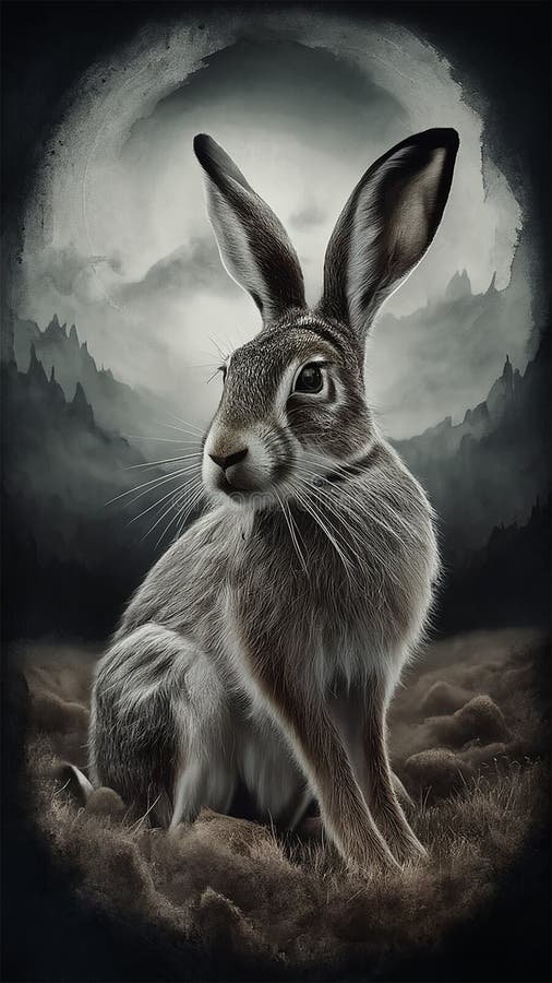 Una cautivadora y surrealista obra de arte de fantasía oscura que presenta una liebre fotorrealista que exuda belleza etérea. stock de ilustración