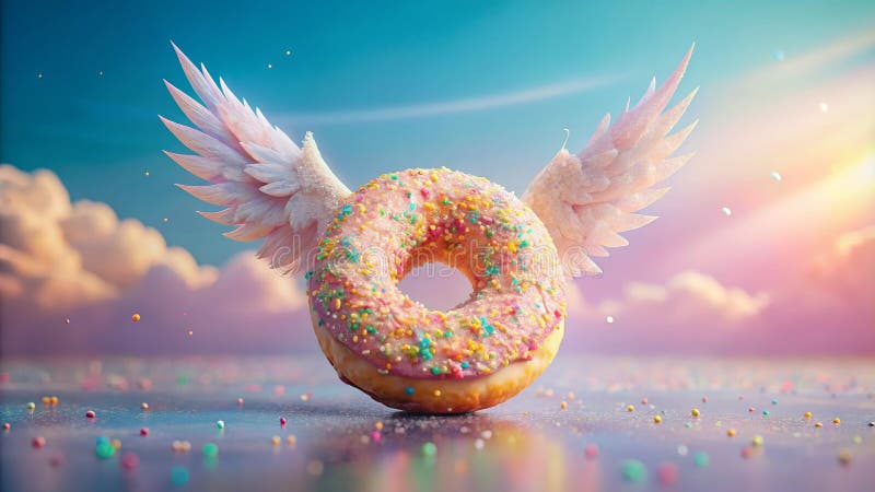 Una ciambella bizzarra con ali sottili si insinua attraverso un cielo di pastello cosparso di coriandoli colorati. Generative AI illustrazione vettoriale