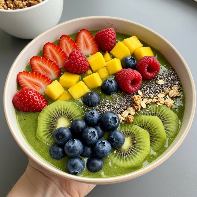 Una ciotola di frullato verde ricoperta di un assortimento di frutti e semi colorati. illustrazione di stock