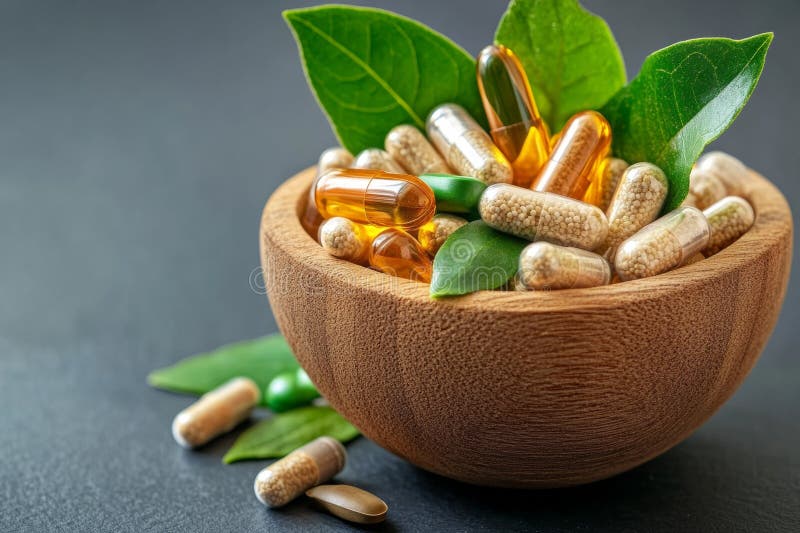Una ciotola di legno contiene un assortimento colorato di capsule di vitamina accanto a foglie verdi fresche che incorporano un fotografie stock libere da diritti