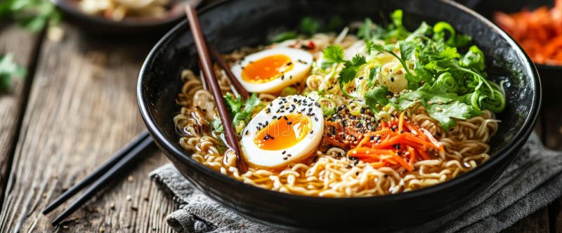 Una ciotola di ramen presenta sottili fette di uova soave e un assortimento colorato di verdure tutte immagini stock