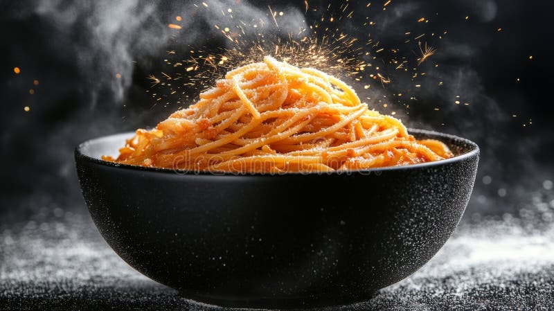 Una ciotola scura viene mostrata vicina e riempita di salsa di pasta e spezie che vengono spruzzate sopra la superficie immagine stock libera da diritti