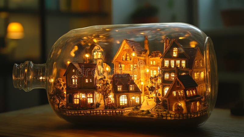 Una cittadina in miniatura, piena di case, alberi e luci di strada, è racchiusa in una bottiglia di vetro il caldo bagliore delle illustrazione di stock