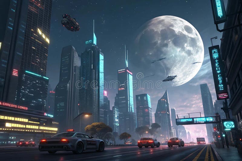Una città futuristica con una grande luna nel cielo AI. Una città futuristica con una grande luna in una città futuristica con una. Un dipinto artificiale di una città futuristica sotto il bagliore di una luna enorme. Il lucernario è pieno di lussuosi grattacieli che illuminano i neon e la tecnologia avanzata. La luna si accende in cielo e getta una luce eterea morbida sulla città creando un'atmosfera surreale e di altro tipo. I veicoli volanti circolano nell'aria e l'architettura futuristica si mescola perfettamente con la bellezza naturale della notte illuminata, presentando la visione di un futuro armonioso tra tecnologia e natura.