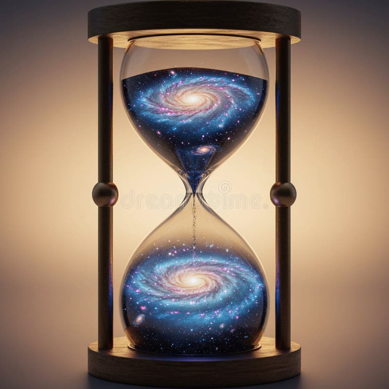 Una clessidra di legno avvolge due galassie girevoli di stelle pianete e polveri cosmiche royalty illustrazione gratis