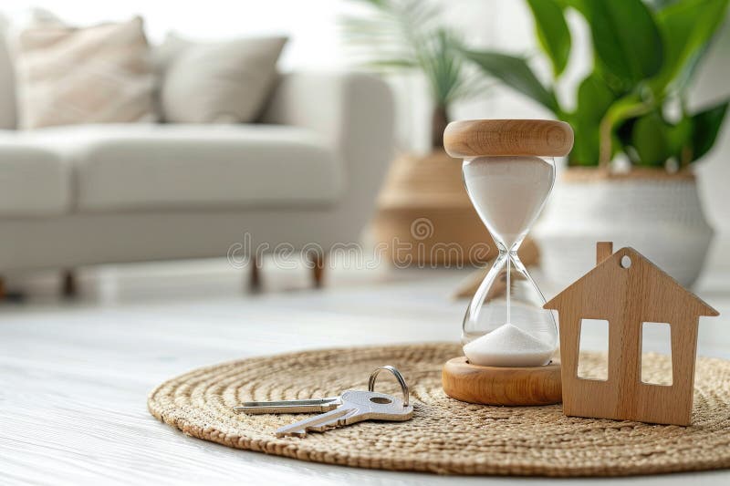 Una clessidra di legno e una piccola casa in legno su una base rotonda in una stanza illuminata dal sole che simboleggia l'affitto royalty illustrazione gratis
