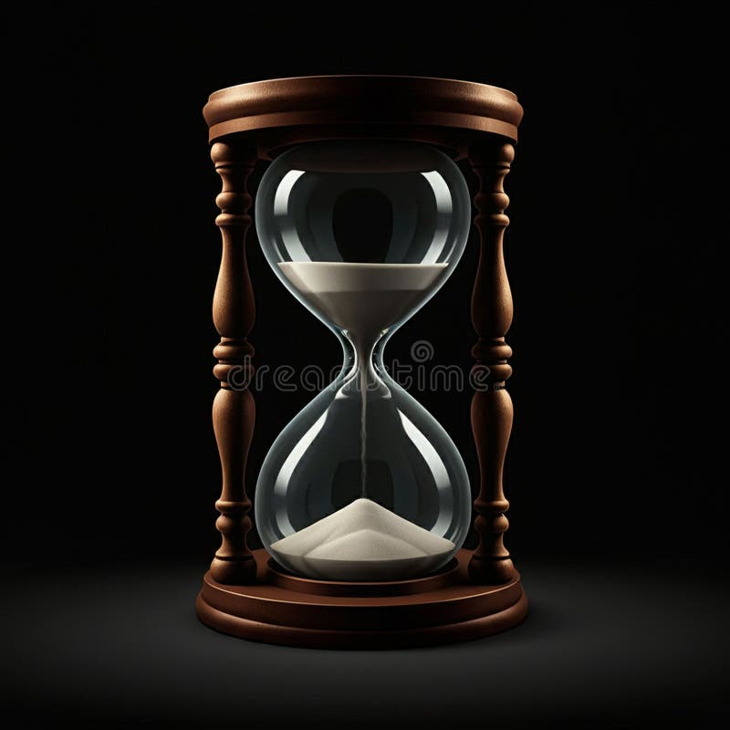 Una clessidra in legno con colonne intagliate in modo intricato con bulbi di vetro chiare. Sabbia illustrazione di stock