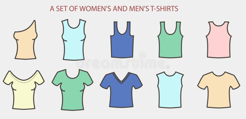 Una colección grande del ` s de los hombres y de camisetas del ` s de las mujeres ilustración del vector Una colección grande del ` s de los hombres y de camisetas del ` s de las mujeres ilustración del vector