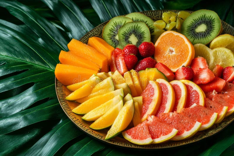 Una colorata assortimento di frutta fresca, comprese le fragole di mango kiwi e gli agrumi, è ben sistemata su un fotografia stock