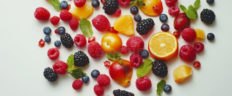 Una colorata assortimento di frutta fresca sistemata in modo attraente su uno sfondo bianco brillante cattura l'essenza di una san immagini stock libere da diritti