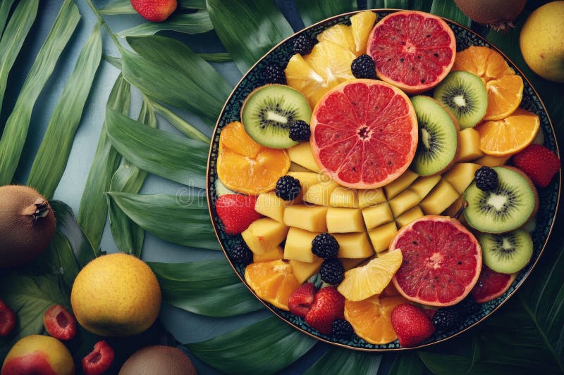 Una colorata assortimento di frutta fresca è ben sistemata su un piatto decorativo circondato da lussuosi tropicali immagini stock