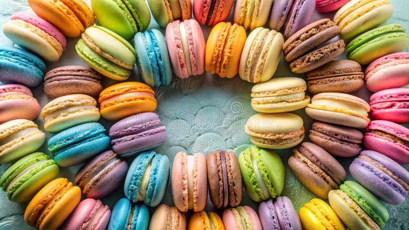 Una colorata matrice di macaroni delicati e dolci disposti in cerchio su uno sfondo pastello. Generative AI illustrazione di stock
