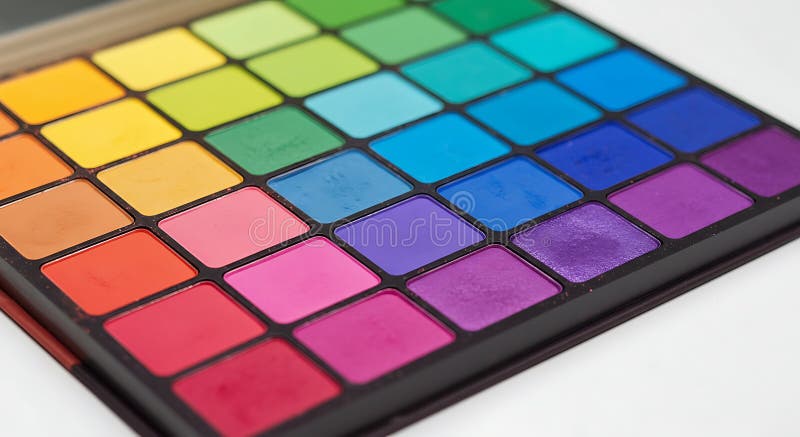 Una colorata tavolozza di ombretti con una griglia di 28 padiglioni quadrati. La tavolozza visualizza un illustrazione di stock