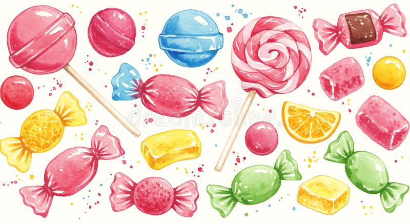 Una colorida variedad de caramelos mostrados en un fondo blanco. ilustración del vector