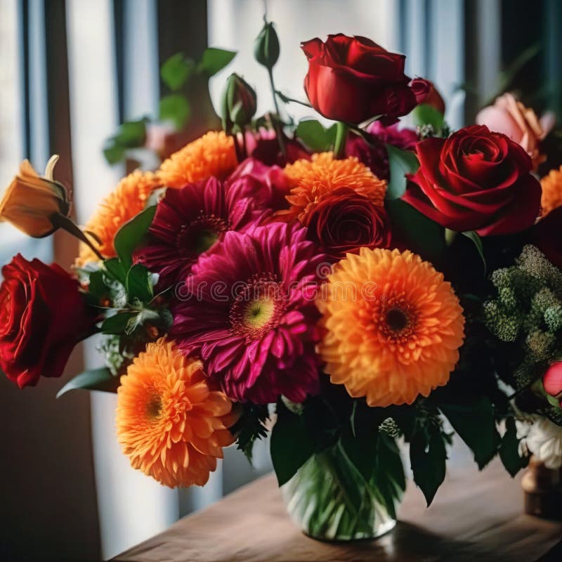 Una composición de flores coloridas incluyendo las rosas y los astros de gerberas stock de ilustración