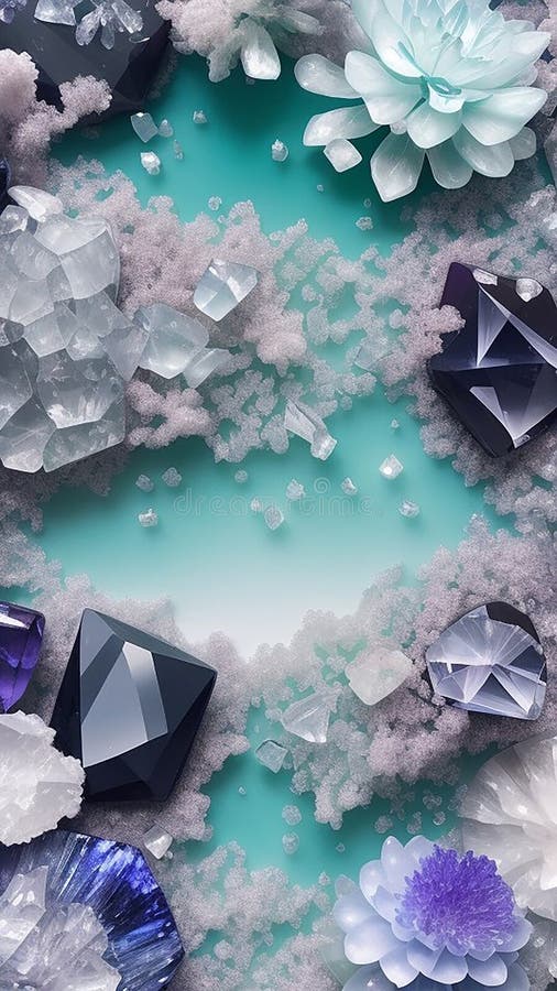 Una composición de piedras preciosas cristales y flores. una postal con diamantes y zafiros. fondo de pantalla. ai generado. ilustración del vector