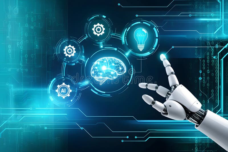 Una composizione futuristica dell'arte digitale che illustra il tema dell'intelligenza artificiale e della tecnologia illustrazione di stock