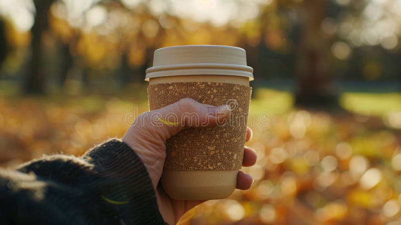 Una coppa di caffè riutilizzabile con una banda di sughero rilassante sulla scena di Park EcoFriendly Concept fotografia stock libera da diritti