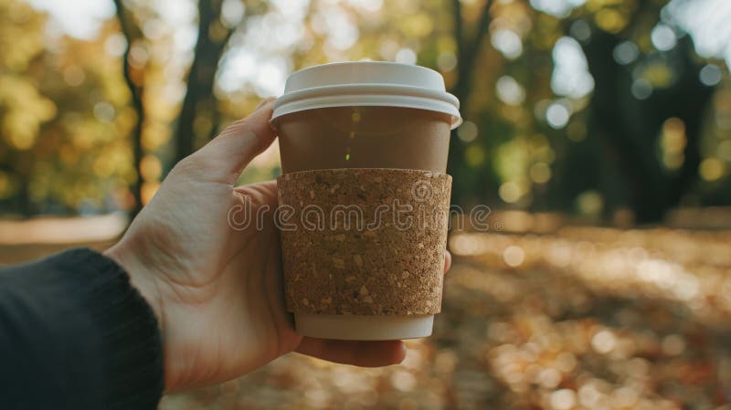 Una coppa di caffè riutilizzabile con una banda di sughero rilassante sulla scena di Park EcoFriendly Concept immagini stock