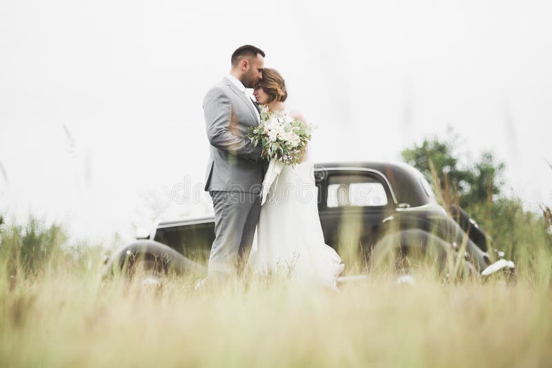 Just married couple in the luxury retro car on their wedding day. Just married couple in the luxury retro car on their wedding day.