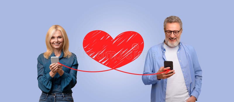Una coppia festeggia l'amore a St.. San Valentino mentre si scambiano messaggi online illustrazione di stock