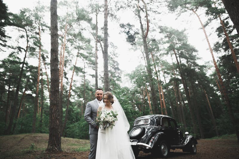 Just married couple in the luxury retro car on their wedding day. Just married couple in the luxury retro car on their wedding day.