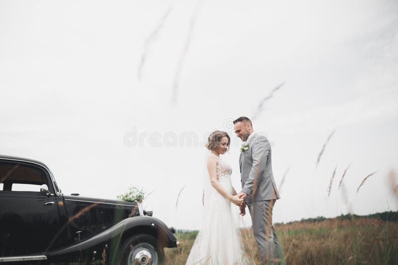 Just married couple in the luxury retro car on their wedding day. Just married couple in the luxury retro car on their wedding day.