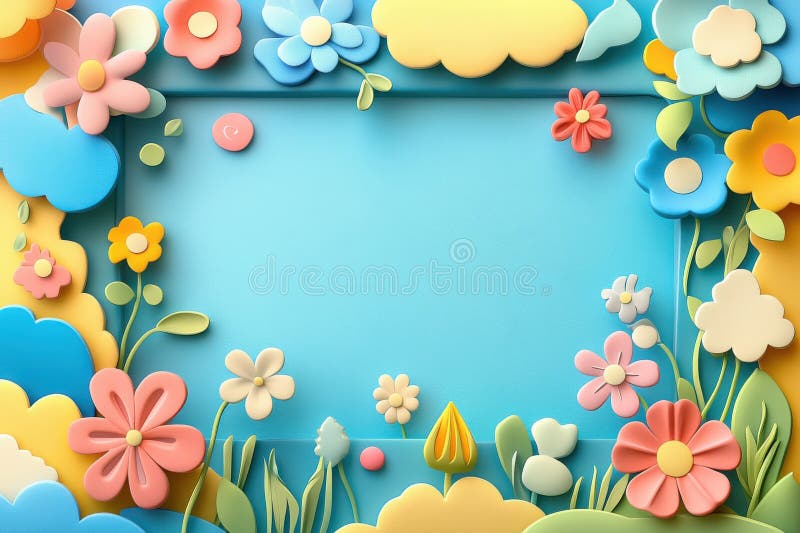 Una cornice colorata con fiori e nuvole immagine stock