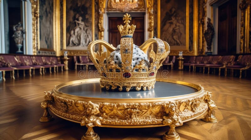 Una corona del reino unido sobre una mesa de diseño ornamental en el palacio. ai aig32 generativo ilustración del vector