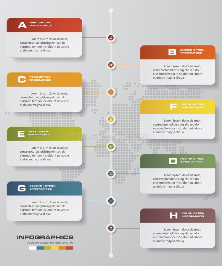 una cronologia di 8 punti infographic con il fondo globale della mappa per progettazione di affari illustrazione di stock una cronologia di 8 punti infographic con il fondo globale della mappa per progettazione di affari illustrazione di stock