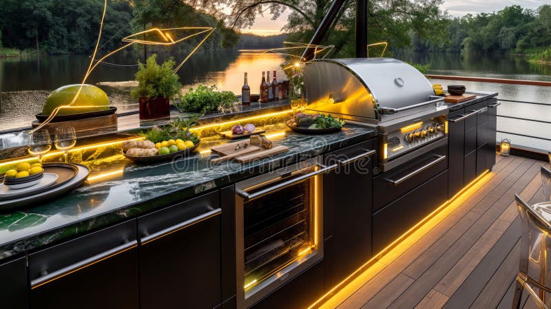 Una cucina esterna è dotata di un elegante controtop nero con grill per edifici e fotografia stock libera da diritti