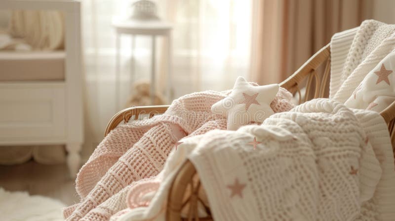 Una culla per bambini accogliente con coperte e cuscini in un asilo nido. ideale per progetti creativi e commerciali