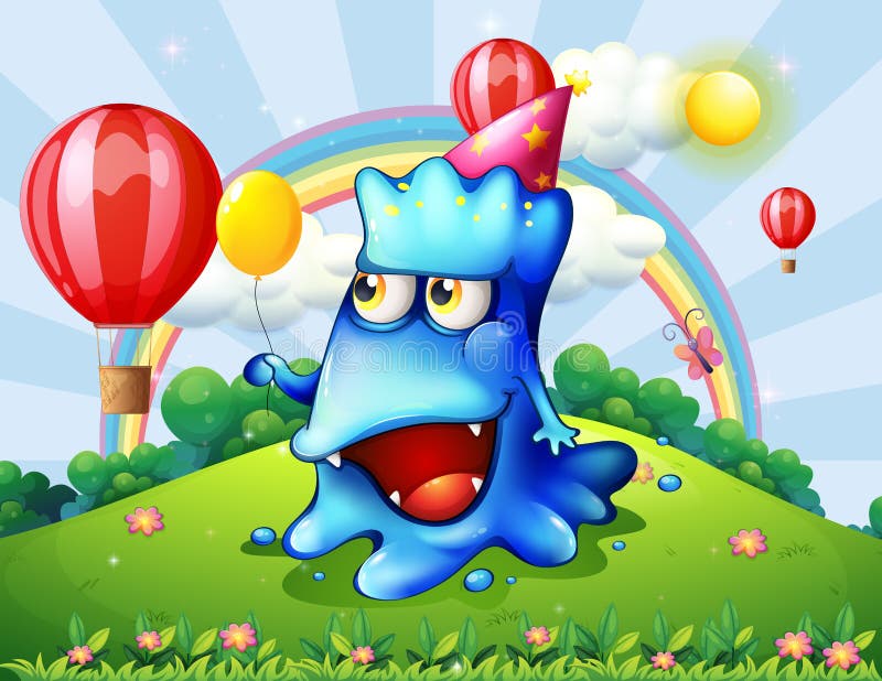 Una cumbre con un monstruo azul feliz que sostiene un globo amarillo stock de ilustración Una cumbre con un monstruo azul feliz que sostiene un globo amarillo stock de ilustración