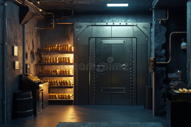 Una cámara subterránea secreta de fondo en 3D con una enorme estantería de puertas de acero apilada con oro fotos de archivo libres de regalías