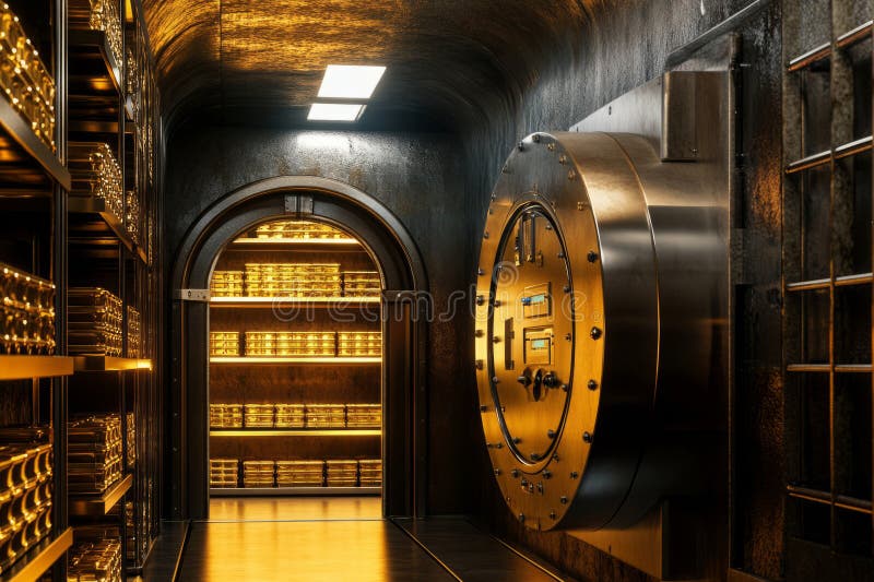 Una cámara subterránea secreta de fondo en 3D con una enorme estantería de puertas de acero apilada con oro foto de archivo