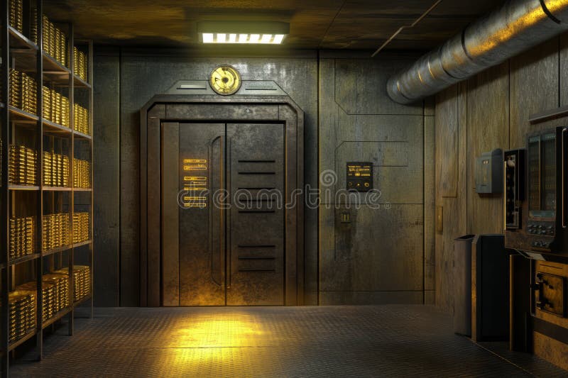 Una cámara subterránea secreta de fondo en 3D con una enorme estantería de puertas de acero apilada con oro imagen de archivo libre de regalías