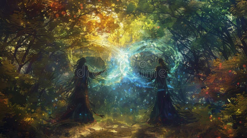 A mystical forest clearing where two powerful sorcerers stand opposite each other their hands intertwined in a symbol of unity. As . . AI generated. A mystical forest clearing where two powerful sorcerers stand opposite each other their hands intertwined in a symbol of unity. As . . AI generated