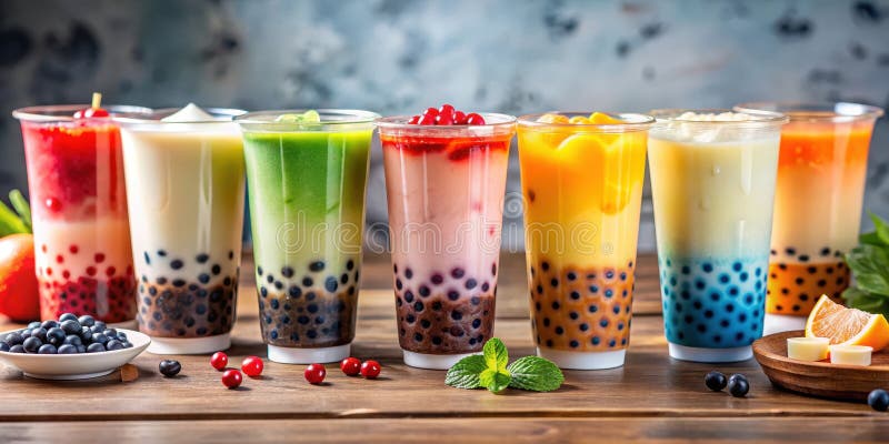 Una deliziosa fila di secchi di bolle rinfrescanti con sapori di frutta assortiti e perle di boba colorate. Generative AI illustrazione di stock