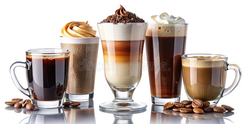 Una deliziosa raccolta di diverse bevande di caffè Cappuccino Latte Mocha Brew Fredda e Hot Chocolate Studio illustrazione di stock