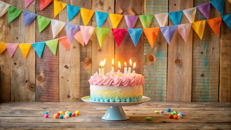 Una deliziosa torta di compleanno con candele accese decorate con una glassa di pastello e circondate da cuciture e candele colora illustrazione di stock