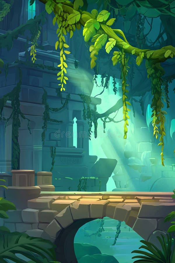 Una densa jungla con viñas colgantes y un antiguo puente de piedra. ubicaciones de juegos ilustración del vector