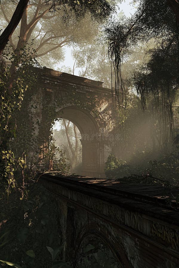 Una densa jungla con viñas colgantes y un antiguo puente de piedra. ubicaciones de juegos ilustración del vector