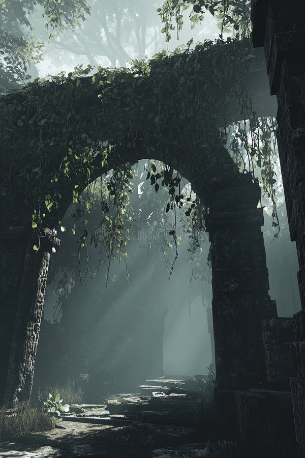 Una densa jungla con viñas colgantes y un antiguo puente de piedra. ubicaciones de juegos. ubicación de juegos ai generativo.