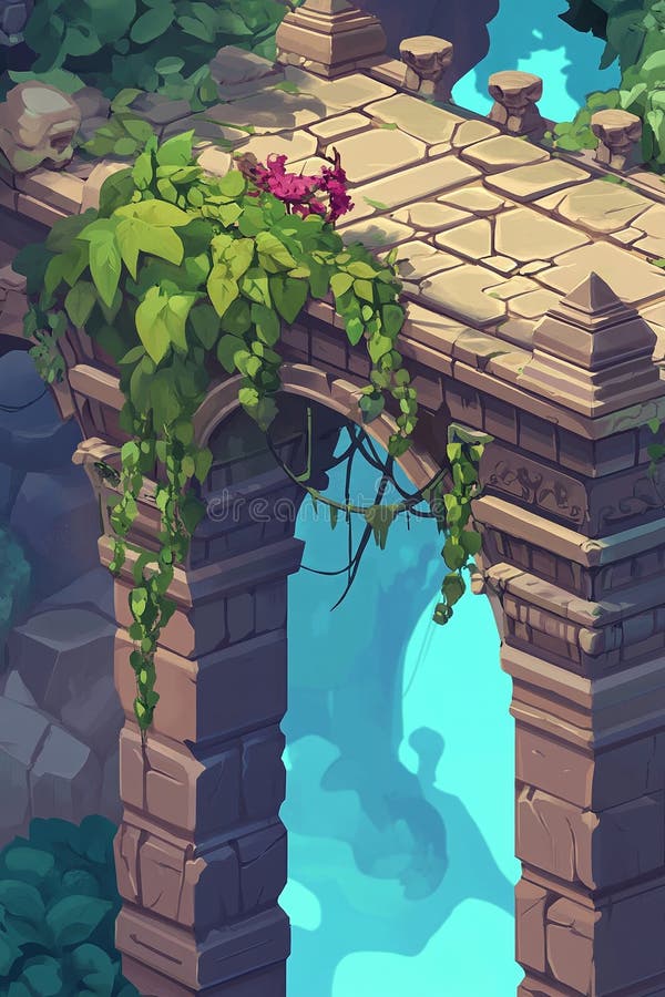 Una densa jungla con viñas colgantes y un antiguo puente de piedra. ubicaciones de juegos stock de ilustración
